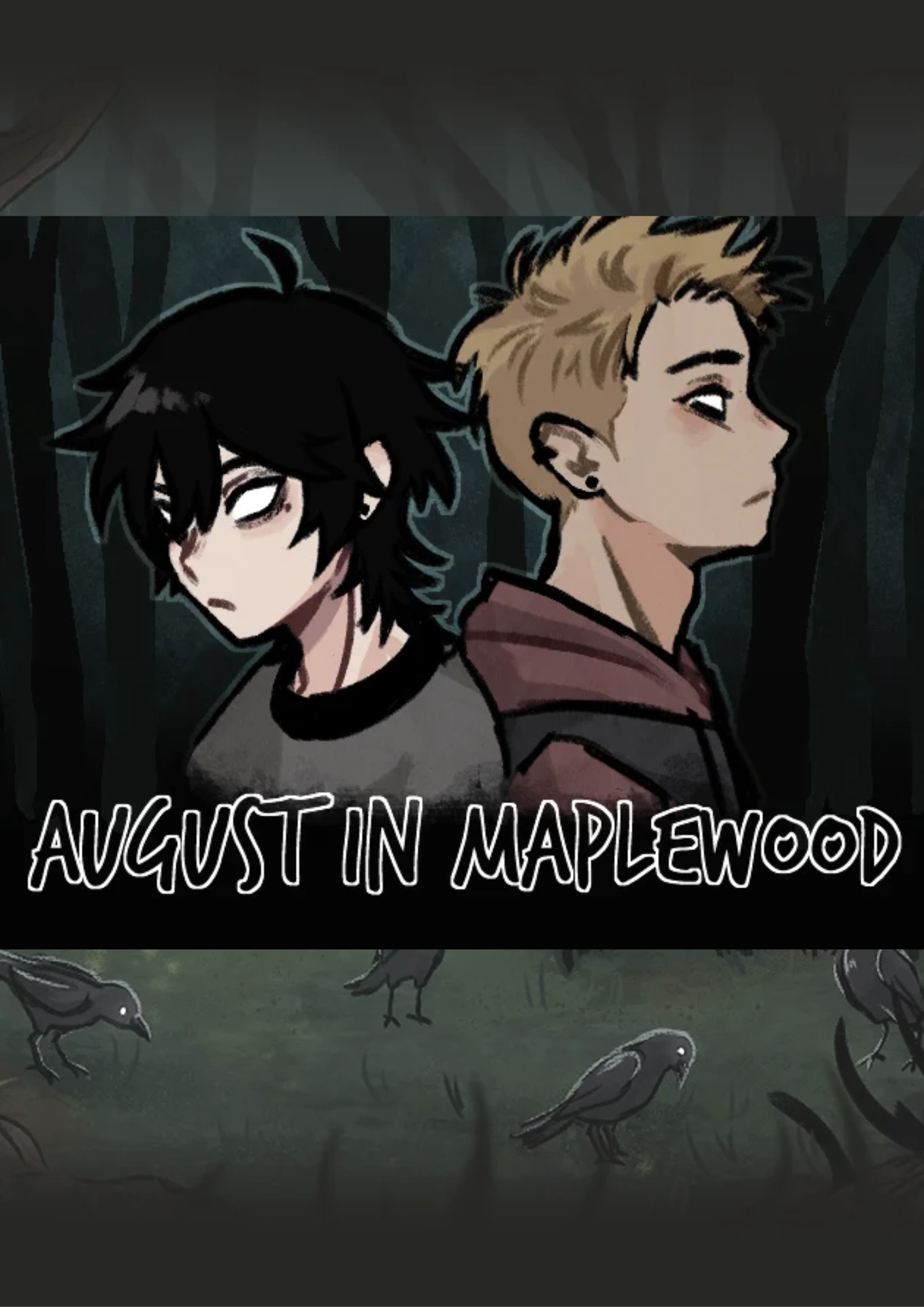 August In Maplewood illustrated murder mystery game poster showing two characters in a dark forest
